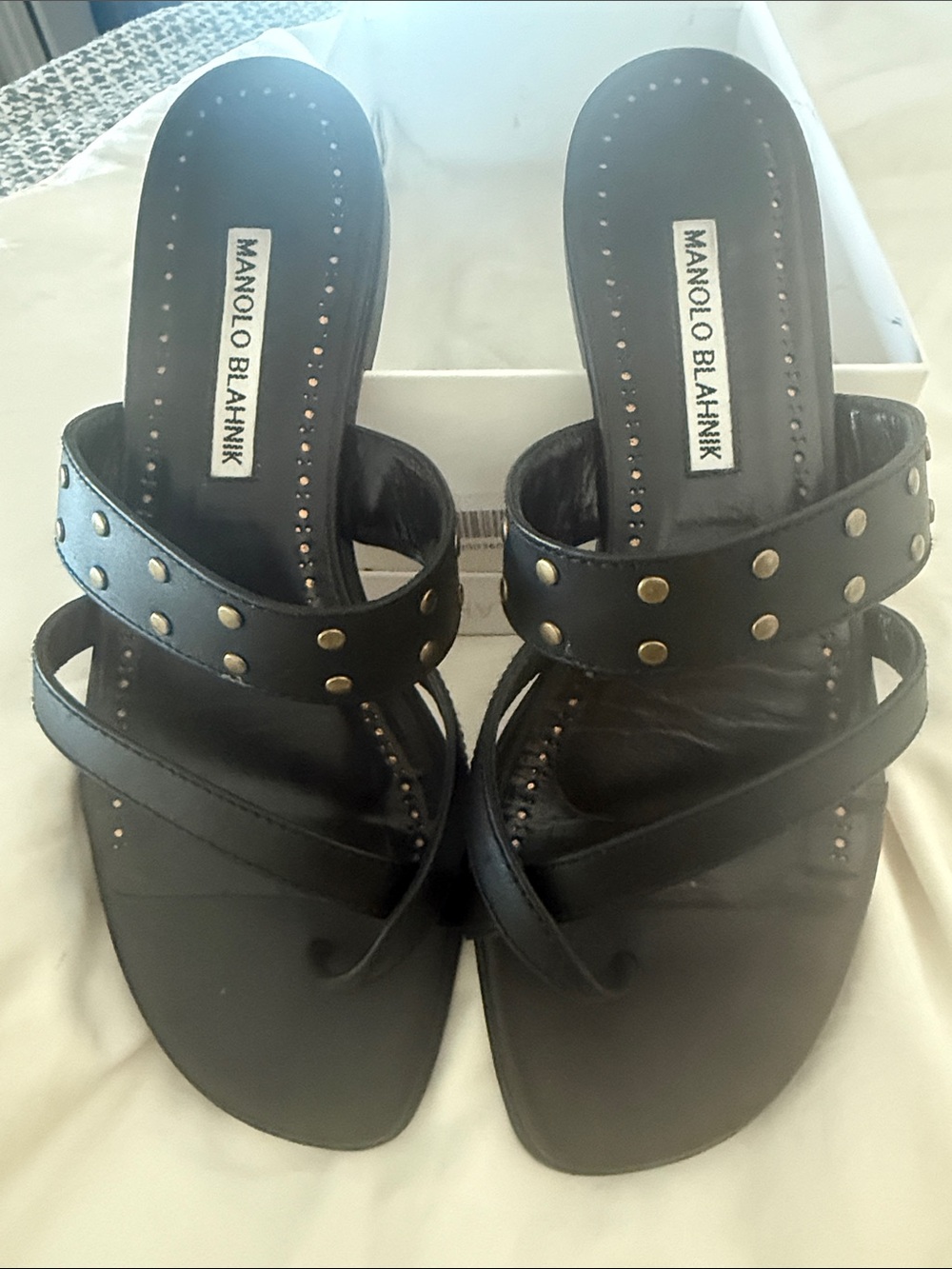 Manolo Blahnik Black Studded Leather Slides size 37